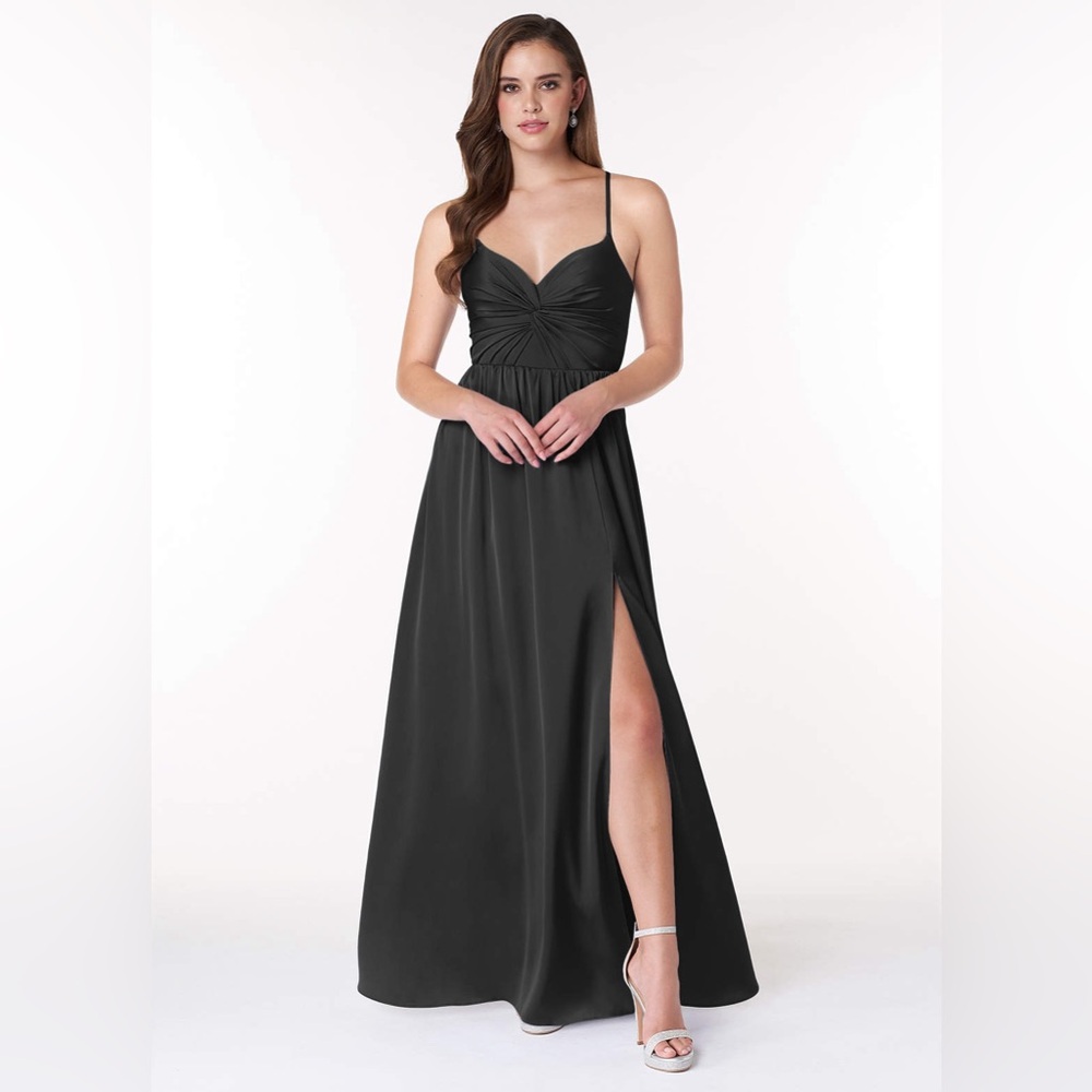 AZAZIE RAYA Black Satin Flowy V-Neck Pleated Stretch Satin Dress